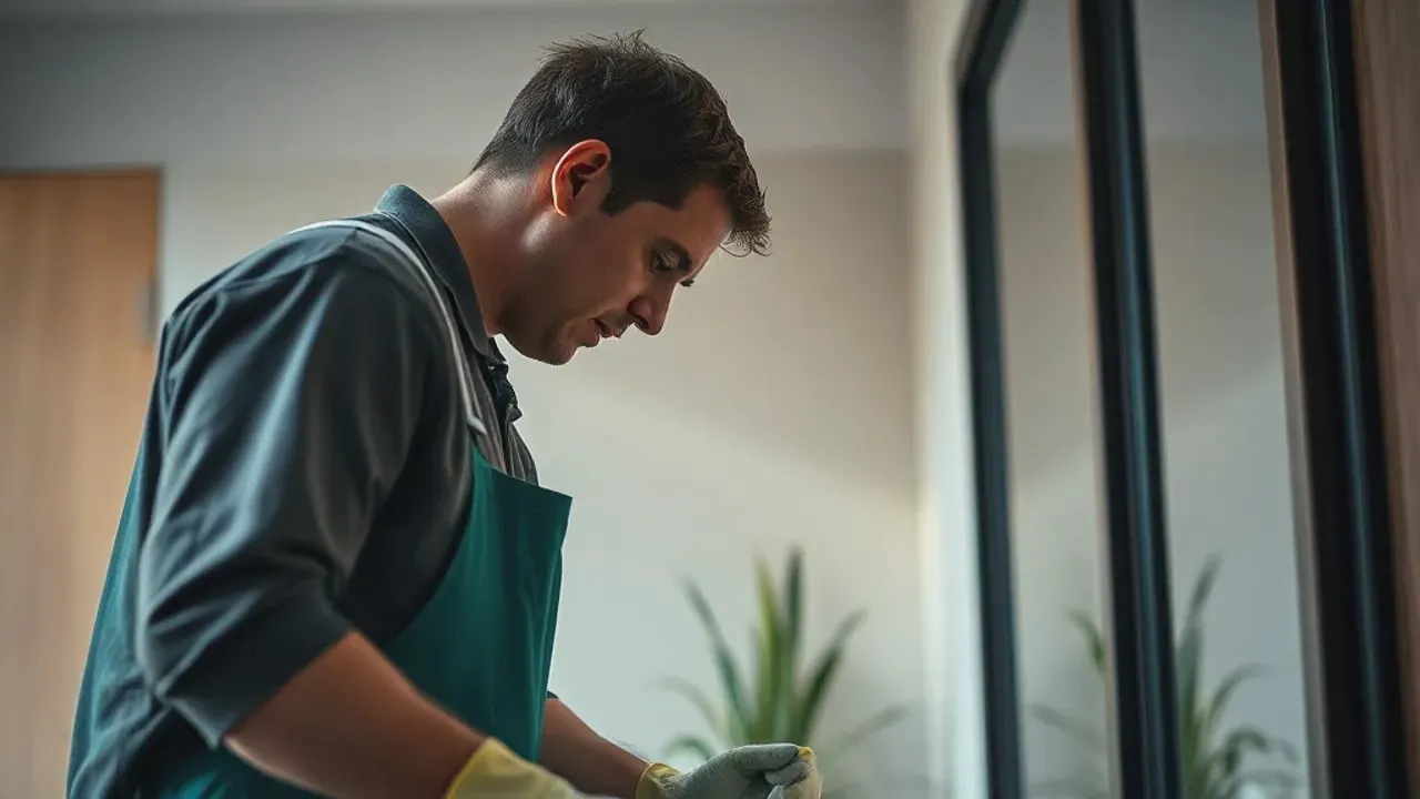 A professional carrying out Manchester city-centre apartment cleaning near Manchester